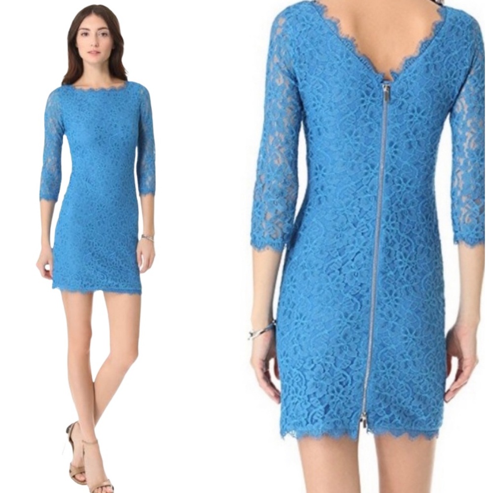 dvf zarita dress blue Diane Von Furstenberg DVF Zarita Scoop Dress Sz 10 Blue Lace Overlay Long  Sleeve